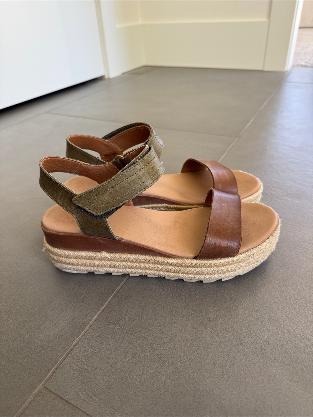 Sorel Brown Leather and Olive Wedge Sandals